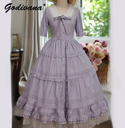 Stile francese dolce ragazza femminile colletto in pizzo Lolita manica corta OP Dress colore puro donna monopetto abiti lunghi estivi