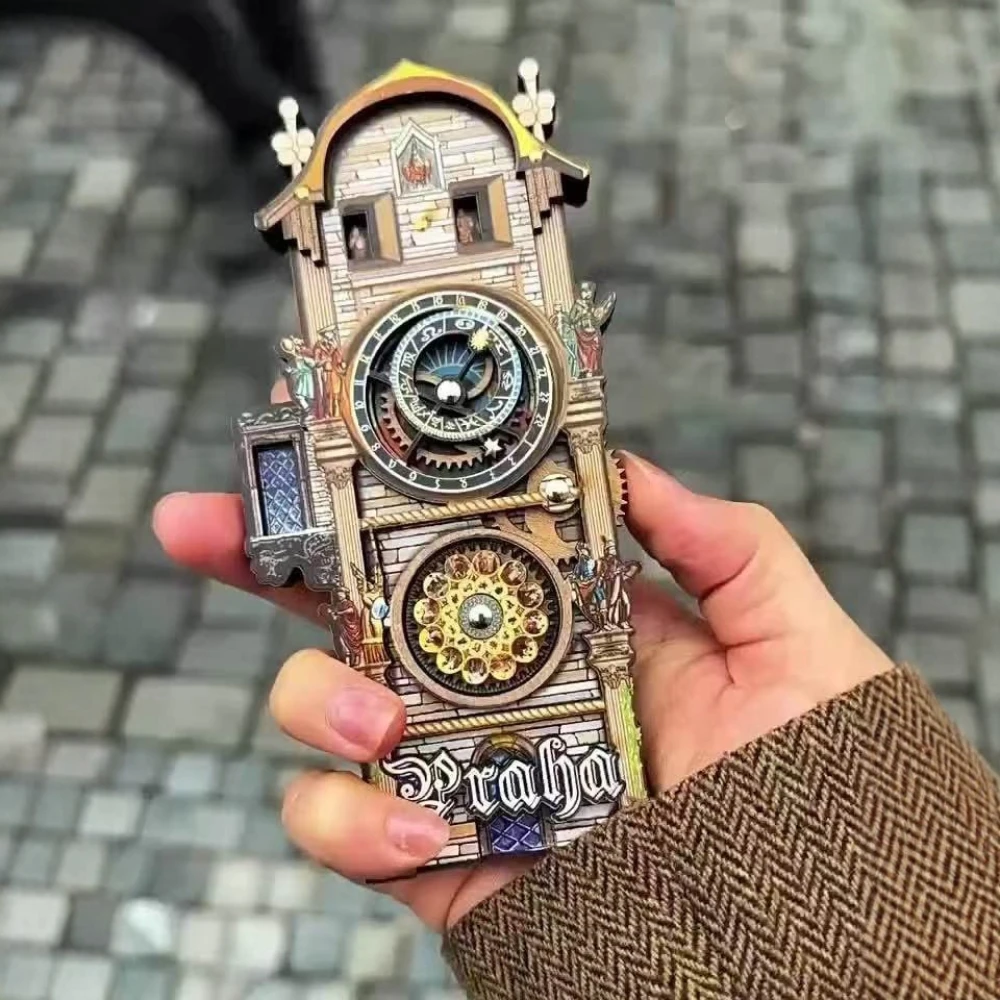 Prague Inspired Astronomical Clock Design Gear Moving Wood Carving Fridge Magnet Vintage Creative Gifts Travel Inspired Decor
