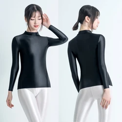 MJINM Women's Shiny Glossy Long Sleeve Turtleneck Tee Sexy Tights Base Shirt Casual Summer Top Swimwear