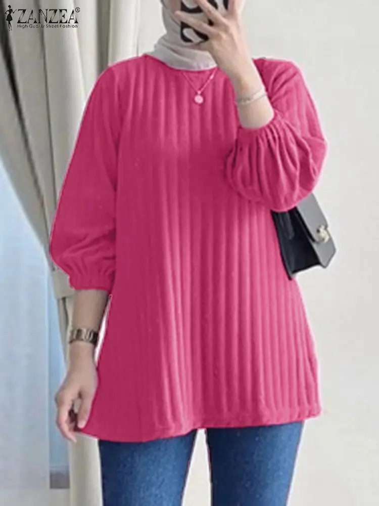 ZANZEA Women Casual 3/4 Sleeve Ribbed Blouses Fall 2024 Muslim Hijab Tops Elegant Daily Shirt Loose T-shirts Islamic Clothing