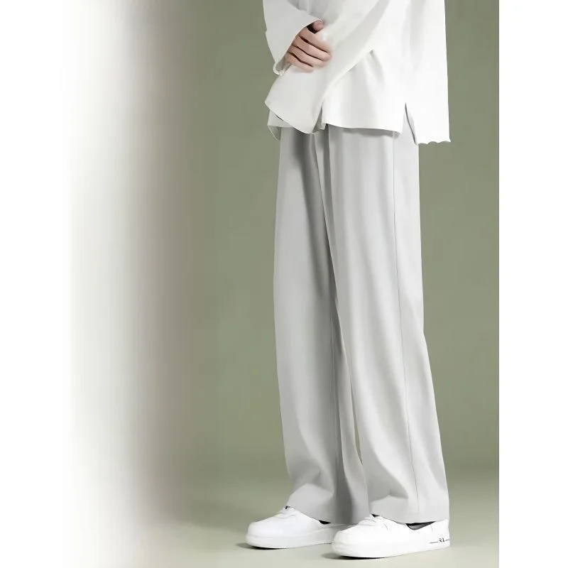 ผ้าไหมน้ําแข็งกางเกงลําลองผู้ชายบางฤดูร้อนขาตรงหลวมเก้าจุดนักเรียนสีขากว้างกางเกงลําลองสําหรับทํางาน