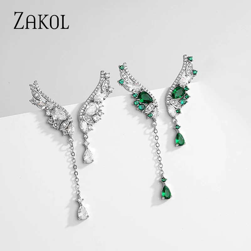 ZAKOL Personality Asymmetrical Wings Earrings for Women Fashion Green Cubic Zirconia Drop Earring Female Party Jewelry EP5424