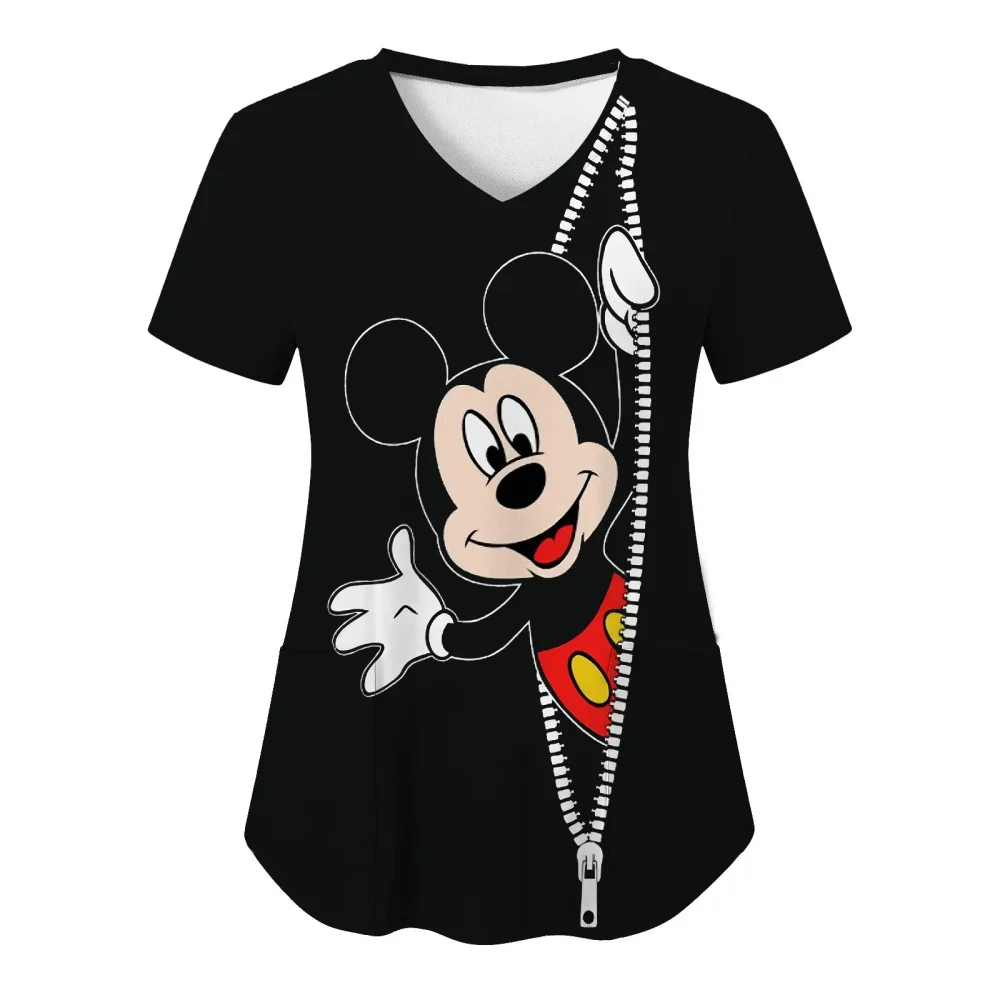 Hospital T-shirt Nurse Uniform T-shirts Disney Minnie Mouse Top Women 2024 Pocket Woman Clothes V Neck Mickey Tops Tees Women\'s