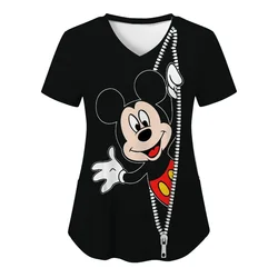 Hospital T-shirt Nurse Uniform T-shirts Disney Minnie Mouse Top Women 2024 Pocket Woman Clothes V Neck Mickey Tops Tees Women's