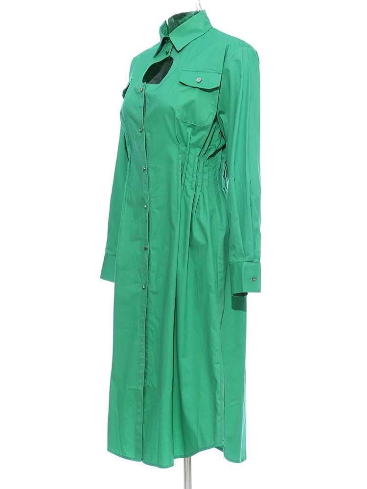 Imagem -02 - Eam Feminino Verde Plissado Oco para Fora Vestido Tamanho Grande Nova Lapela Manga Longa Solto Ajuste Moda Maré Primavera Outono 2024 1n238