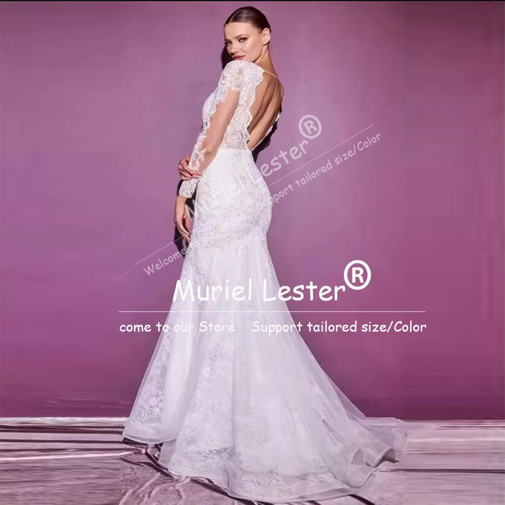 럭셔리 레이스 아플리케 백리스 웨딩 드레스, 신부를 위한 일루젼 롱 슬리브 머메이드 브라이덜 가운, 맞춤형 여성 파티 의상