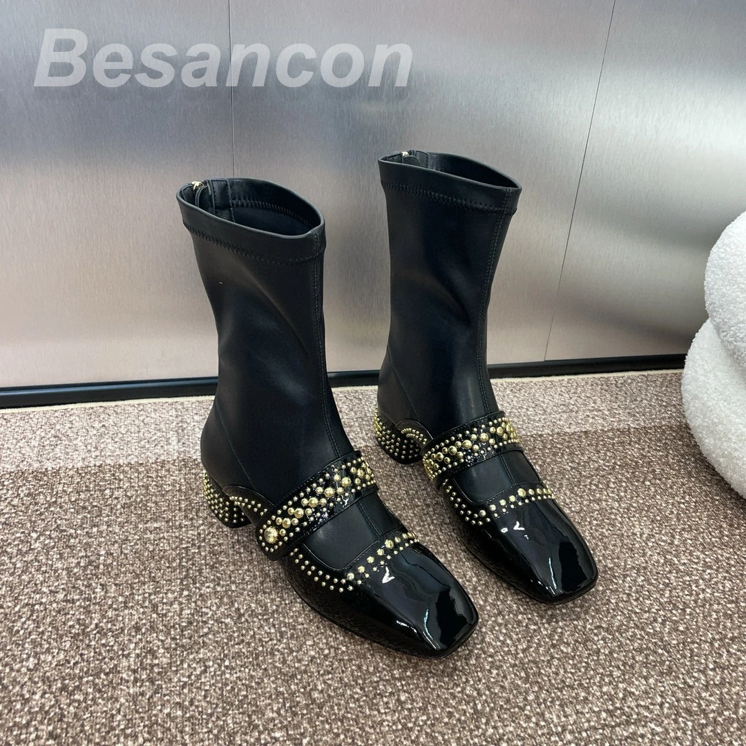 Beasencon 2024  Winter New Women\'s High-heeled boots Rivets Leather sole Top quality Formal shoes Punk style  ANKLE large size