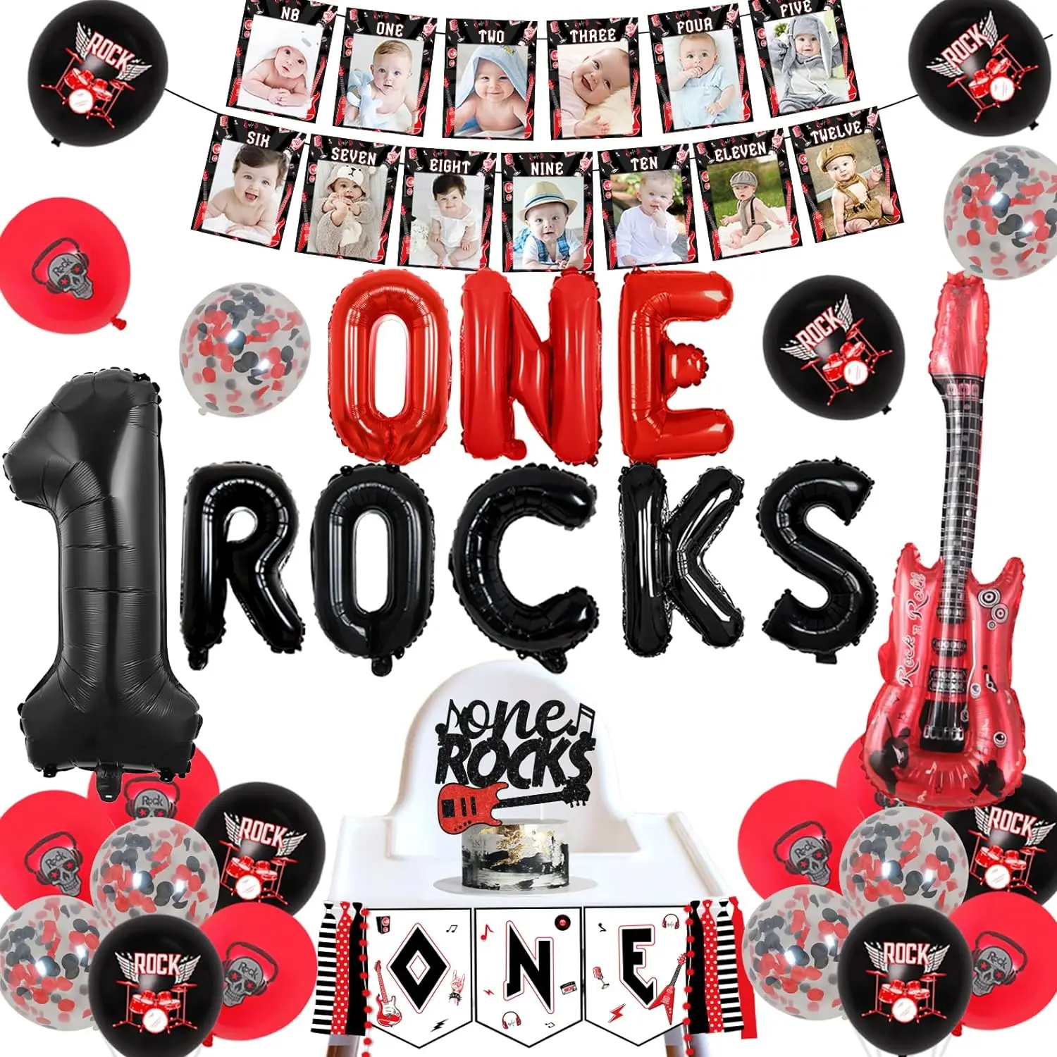 

Rock and Roll 1st Birthday Decor One Rocks Balloons Photo Banner Cake Topper, Born to Rock Music Themed First Birthday Party