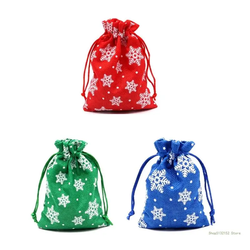 QX2E Christmas Linen Bags with Drawstring Christmas Burlap Goody Gift Bags with Drawstring 3 designs Santa Snowman Elk