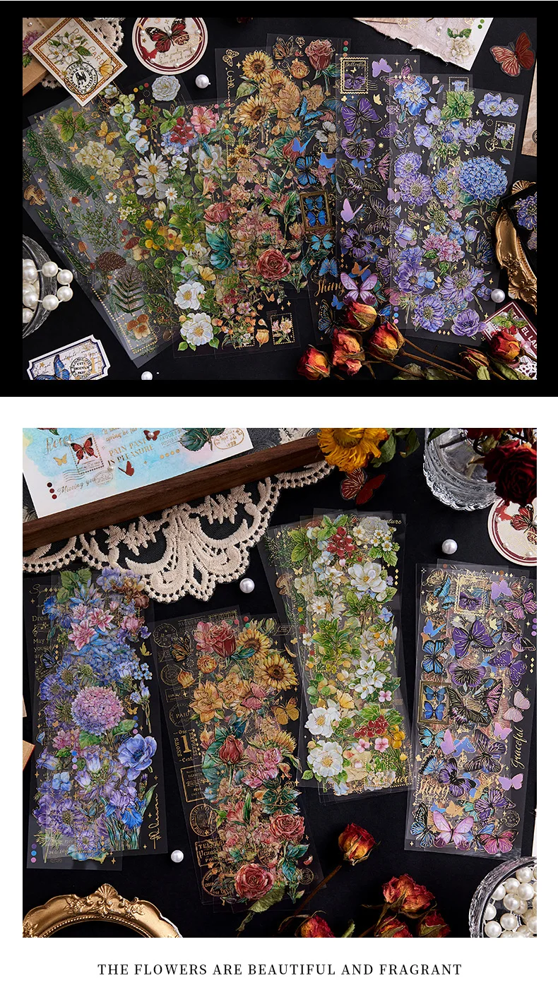 20 Sheets/pack Flowers Plants Letters PET Hot Stamping Gilding Stickers Journal Scrapbook Hand Ledger Decorative Material