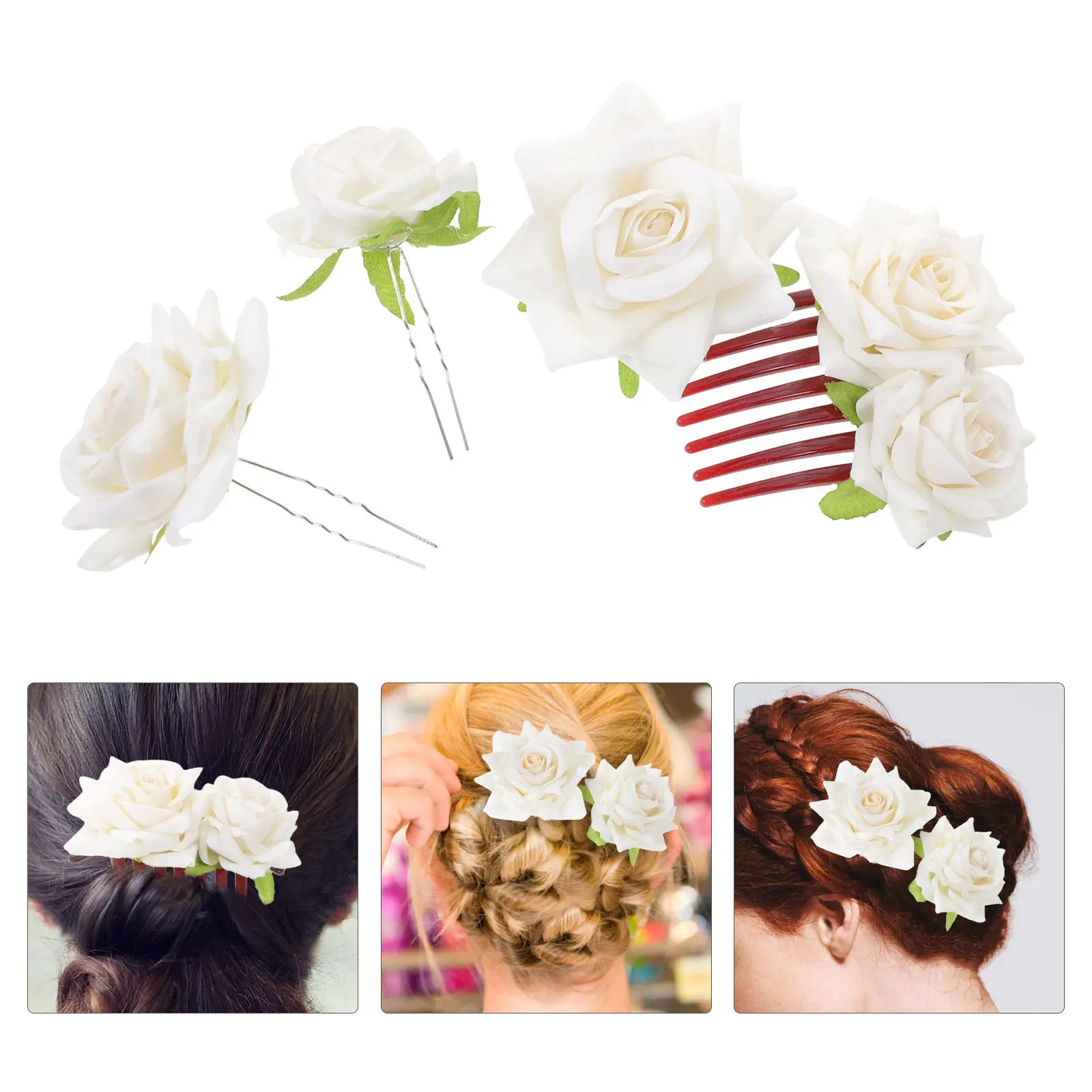 

1Set White Rose Hair Clips Set Floral Hair Accessories for Wedding Bridal Bridesmaid Flower Girl Bohemian Realistic Fabric Rose