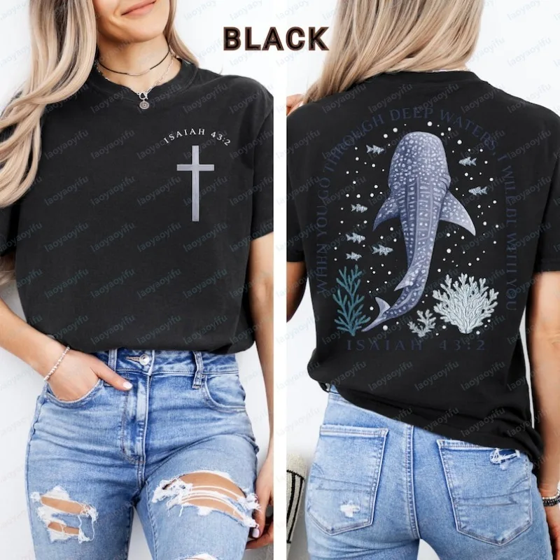 Elegant 2-Sided Christian Unisex Cotton Tee Whale Shark Isaiah 43:2 Ocean Graphic T-Shirt for Women Trend Church Team Clothing