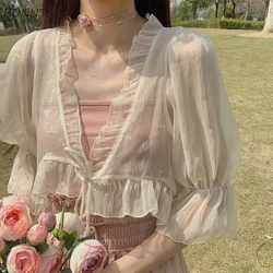 Blouses Women Solid V-Neck Three Quarter Sleeve Sun-proof Loose All-match Korean Style Elegant Lady Top Summer Stylish Cropped