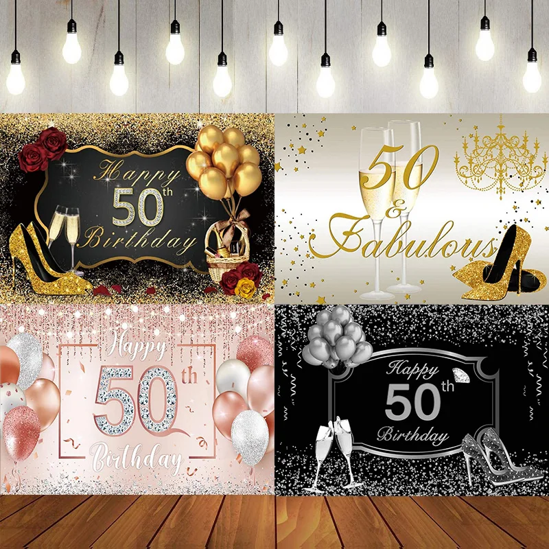 Happy 50th Birthday Navy Blue Glitter Gold Party Photography Backdrop Background Shiny Adult Men Fifty Years Old Decor Banner