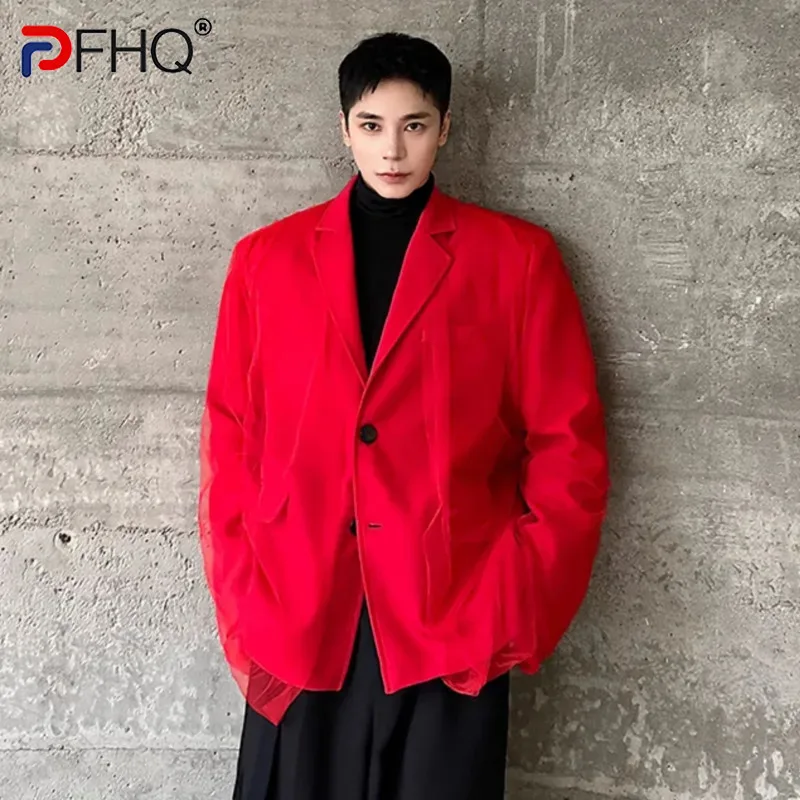 PFHQ Men's Blazers 2024 New Trendy Vintage Mesh Patchwork Single Breasted Solid Color Stage Male Suit Jackets Niche Tide 9C8052