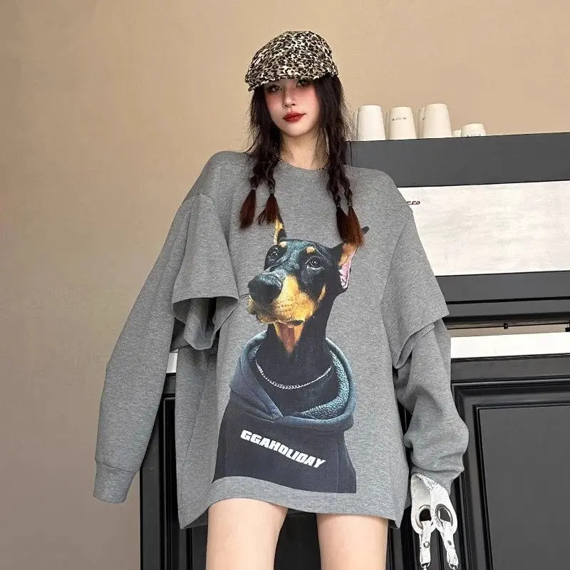 

Autumn Winter Dog Graphics Women O Neck Long Sleeve T Shirt Fake Short Sleeves Korean Fashion Casual Oversized Clothing Top Grey