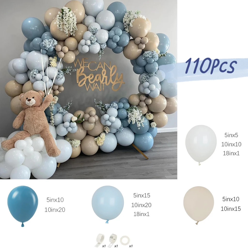 110Pcs Dusty Blue Sand White Balloons Garland Arch Kit for Baby Shower Gender Reveal Boy Birthday Bear Theme Party Decorations