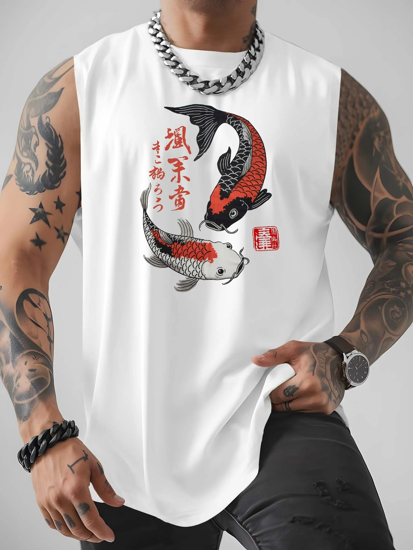

Japanese-style carp-pattern men's large-sized loose sports vest