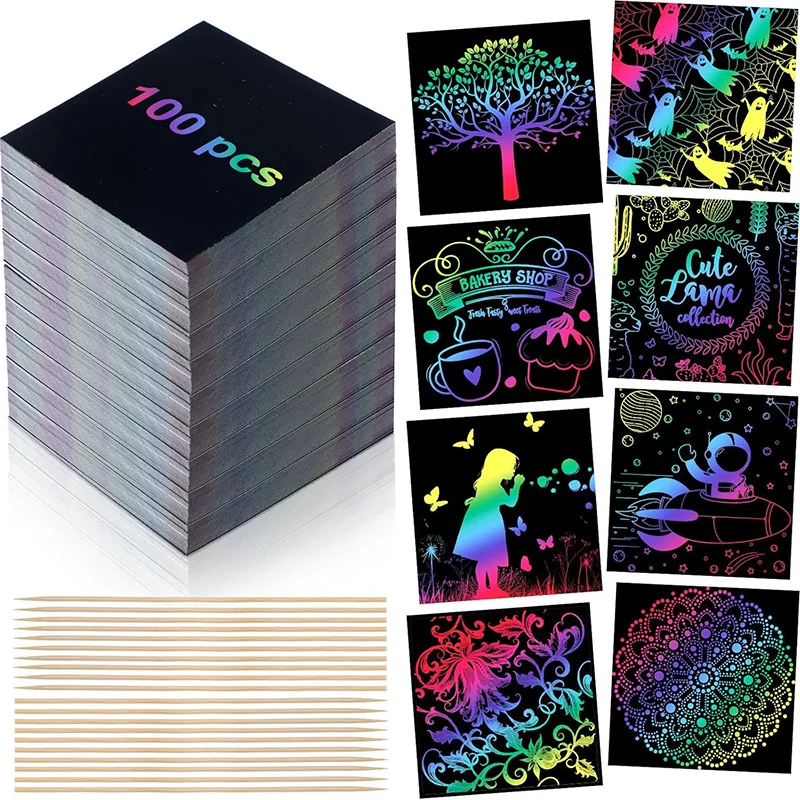 100 stks Kraspapier Art Set Scratch Off Regenboog Magisch Papier Met 2 Bamboe Stylus Zwart Scratch Notes Kerst Verjaardagscadeau kaart - afbeelding 2