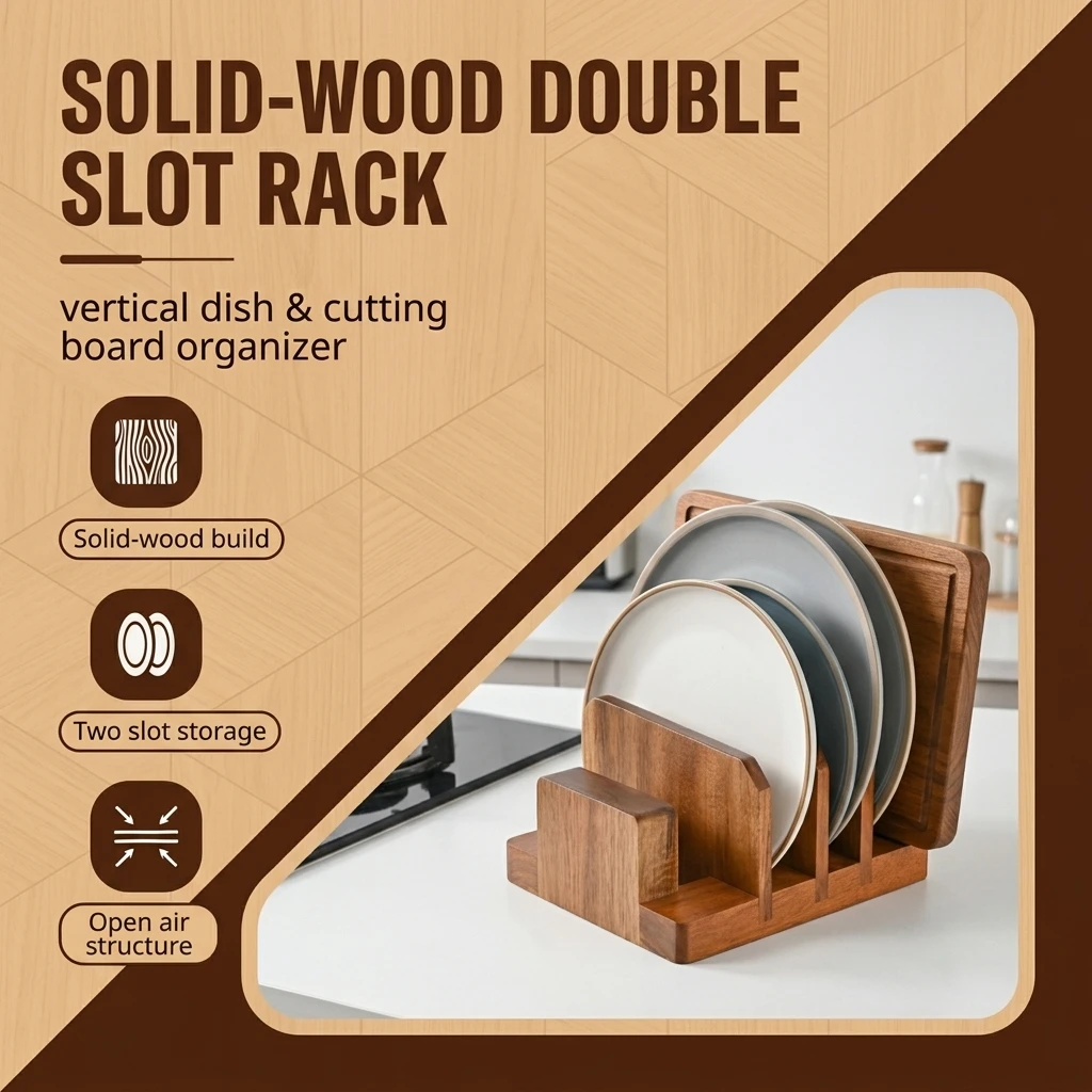 Plate Rack Natural Wood Kitchen Organizer for Home Cooks, Vertical Dish Holder Cutting Board Stand Stable Storage Shelf