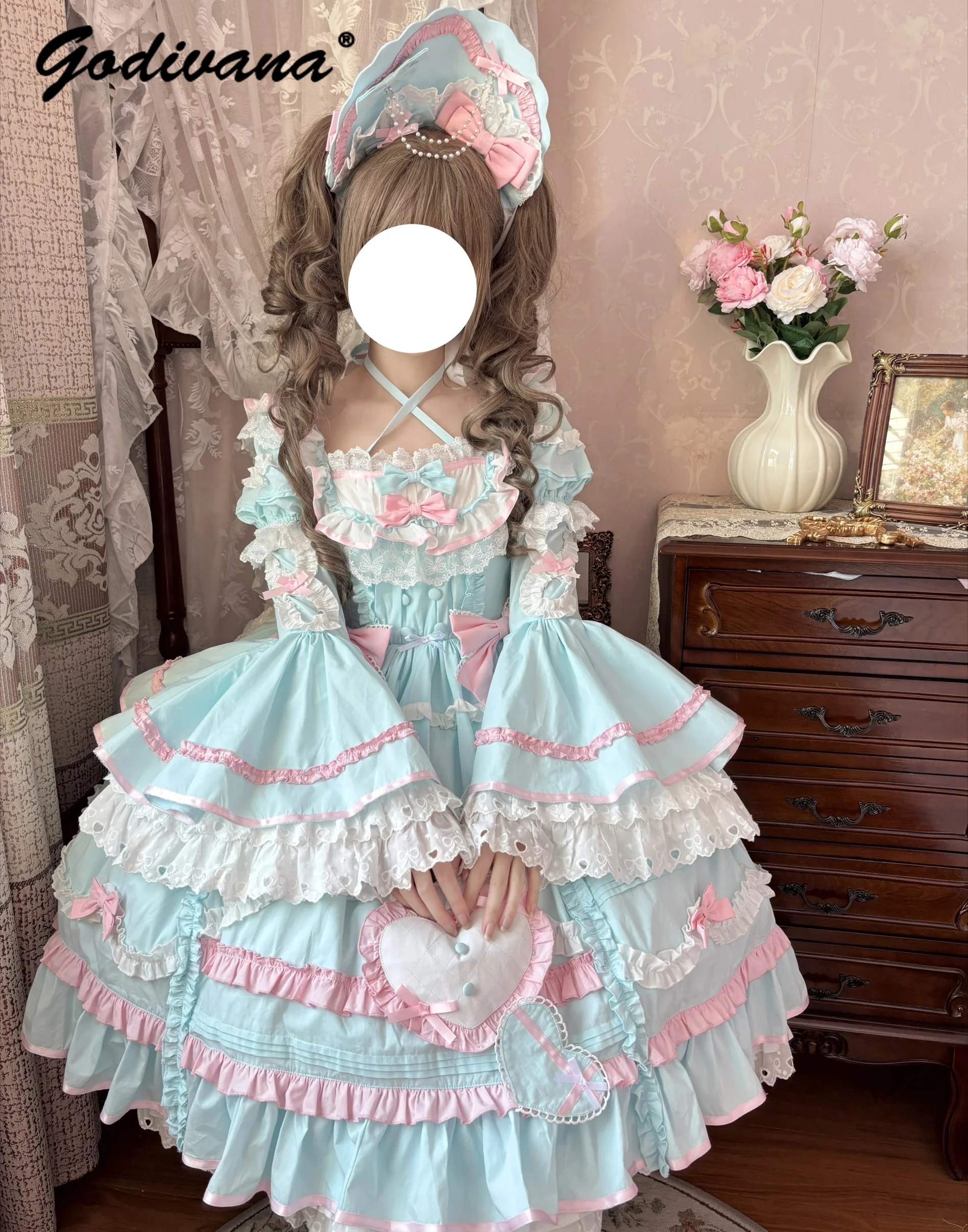 Original Design Gorgeous Ji Sleeve Lolita Princess Dress Girls Women's Square Neck Cross Halter Lace Bow Cos Sweet Dresses