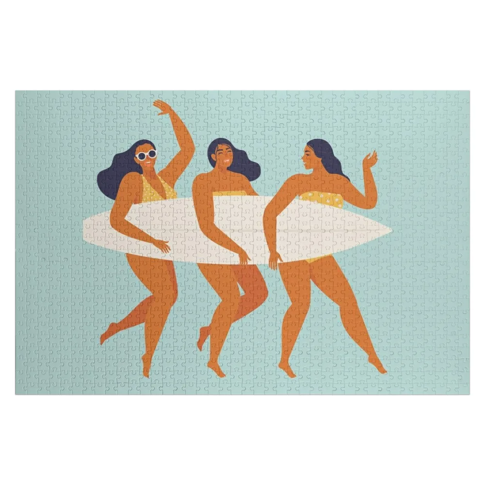 Cute funny girls in swimwear surfing in sea or ocean. Jigsaw Puzzle Custom Name Child Toy Jigsaw Pieces Adults Puzzle