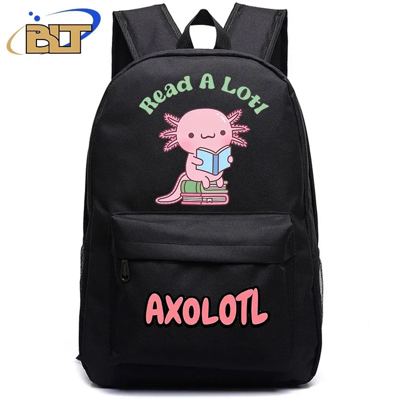 Cute Axolotl Printed Student Black Backpack Kids Bag MN41