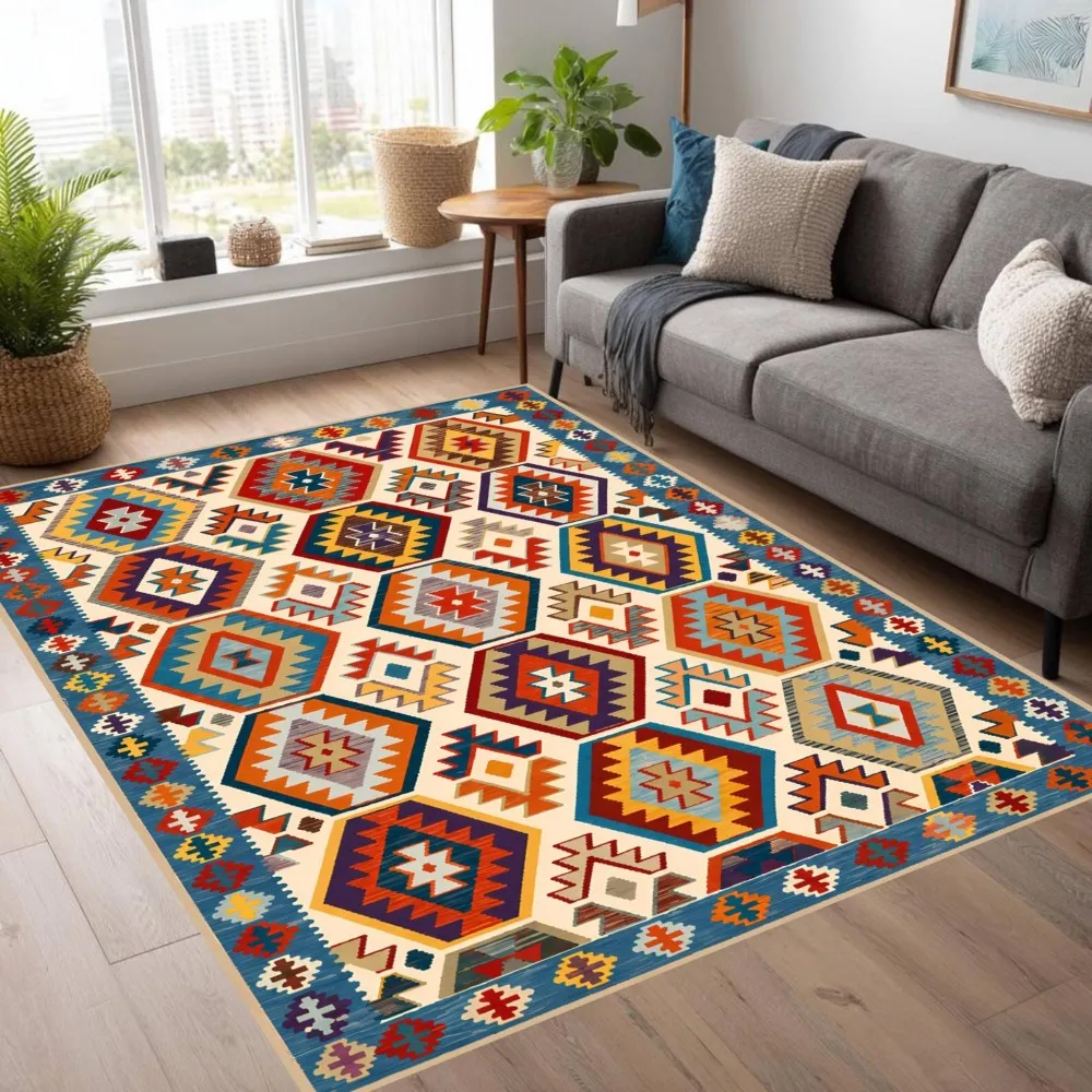 Traditional Turkish Red Area Rug Geometric Diamond Symmetrical Carpet For Living Room Vintage Bohemian Bedroom Decor Floor Mat