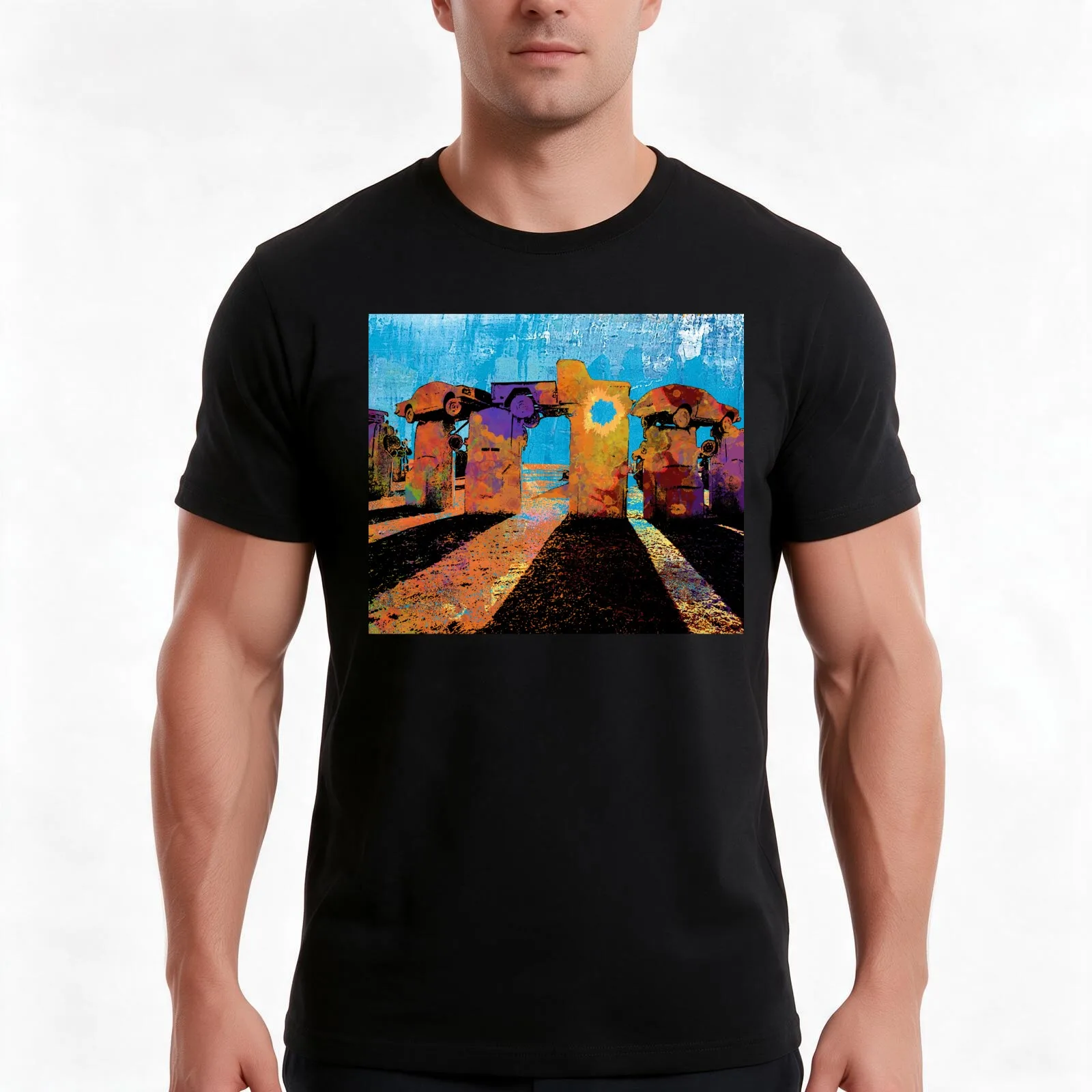 Carhenge Pop Art Style by artist Stephen Chambers/The Pop Art Factory T-Shirt, Summer Casual Cotton Tee, Vintage Graphic Print
