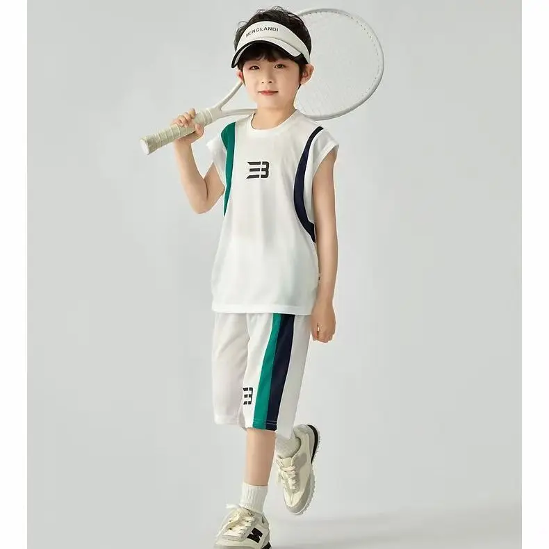 2025 Summer New Kids Casual Contrast Color Quick-Drying Sleeveless Tees+Shorts 2pcs Sportsuits 5-14 Years Teenage Sportwear Sets