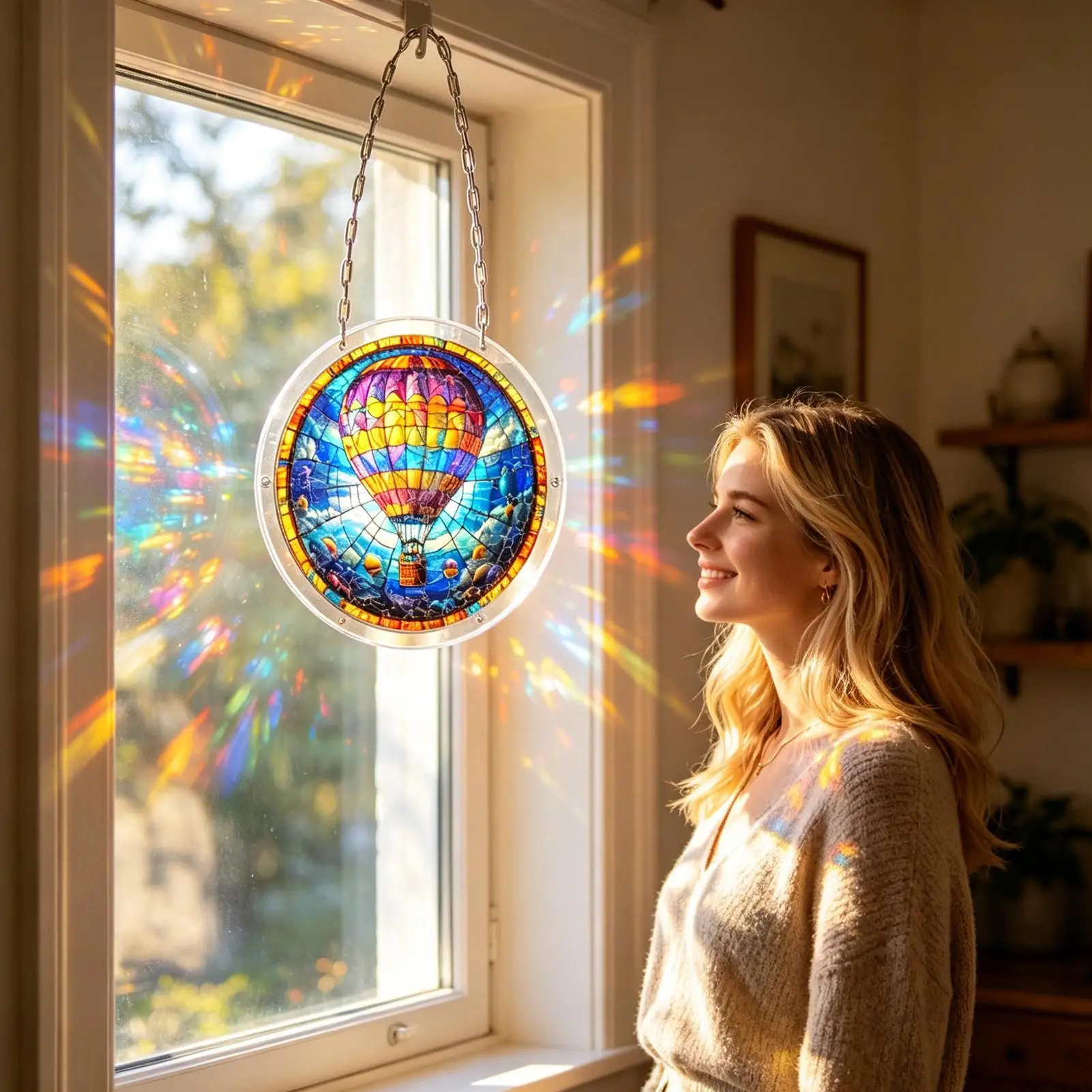 Window Suncatcher 82 Pieces Imitation Stained Glass Rainbow Maker Hot Air Balloon Pattern Window Suncatcher Art Kit For Home