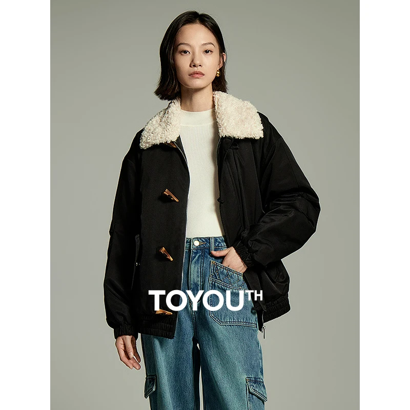 Toyouth Women Thick Coat 2023 Winter Long Sleeve Plush Panel Lapel Loose Jacket Vintage Cowhorn Buckle Black Beige Outwear