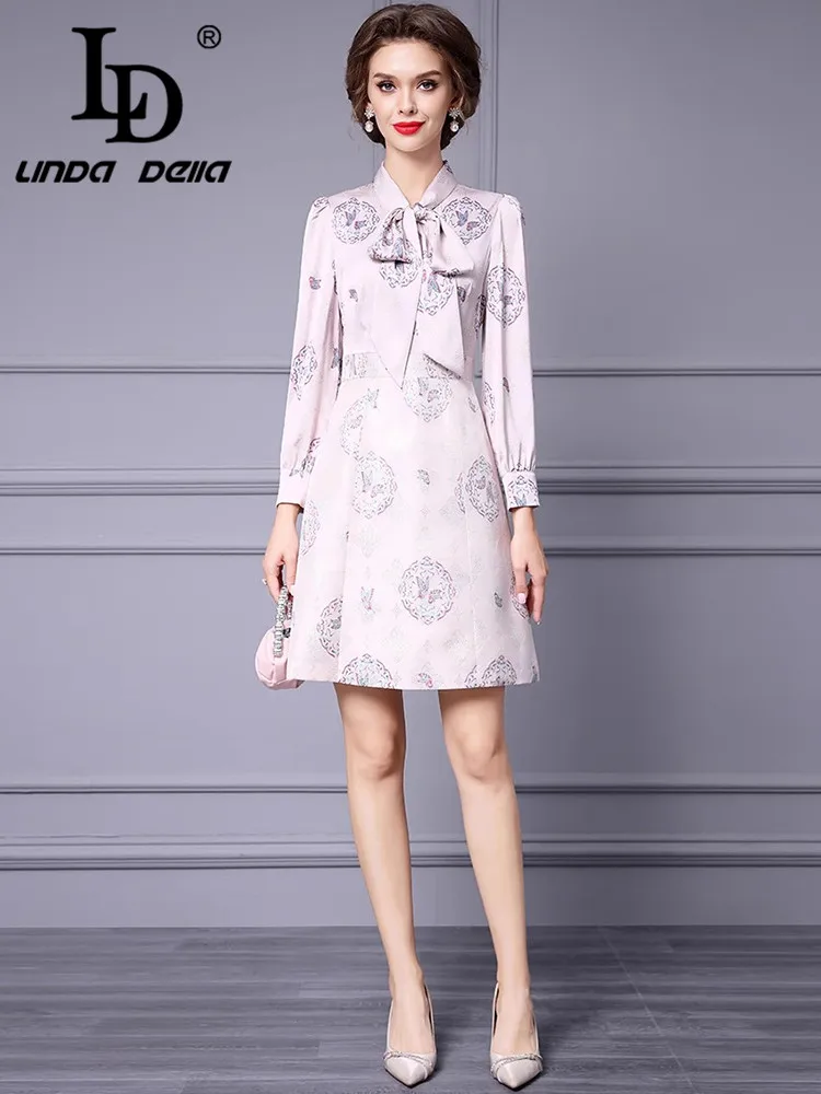 LD LINDA DELLA Autumn Winter Women\'s Dress Scarf Collar Bow Fashion Lantern Sleeved Pretty Slim Elegant Mini Dress