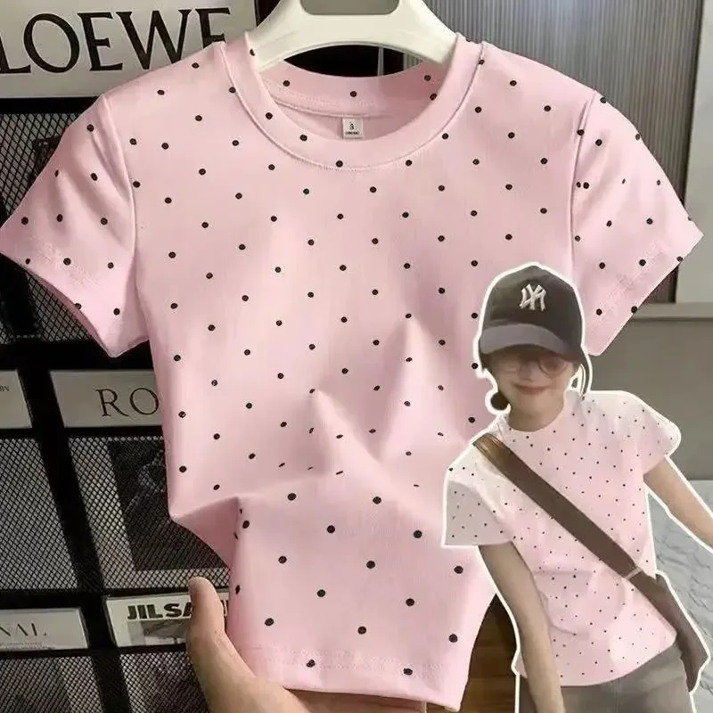 Women's Polka Dot Slim Fit T-shirt Dopamine Style Short Sleeve Top for Summer