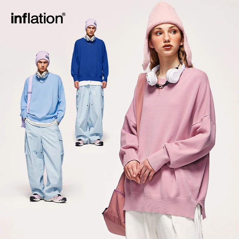 INFLATION Trendy Oversized Knitwear Sweaters Unisex Candy Color Round Neck Knit Sweaters Mens Warm Pullovers Plus Size