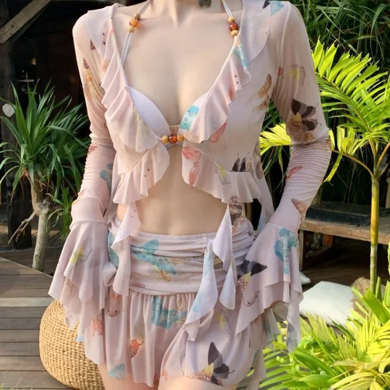 4 peças conjunto de biquíni maiô feminino borboleta banho com saias plissadas mangas alargadas cobrir ups beach wear coreia maiô