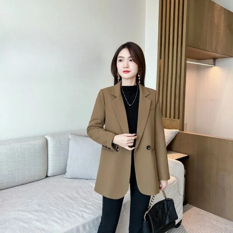 

Khaki Women's Suit Jacket 2025 Spring Autumn New Loose Solid Color Vintage Workwear Stylish Premium Slimming Side Slit Blazer