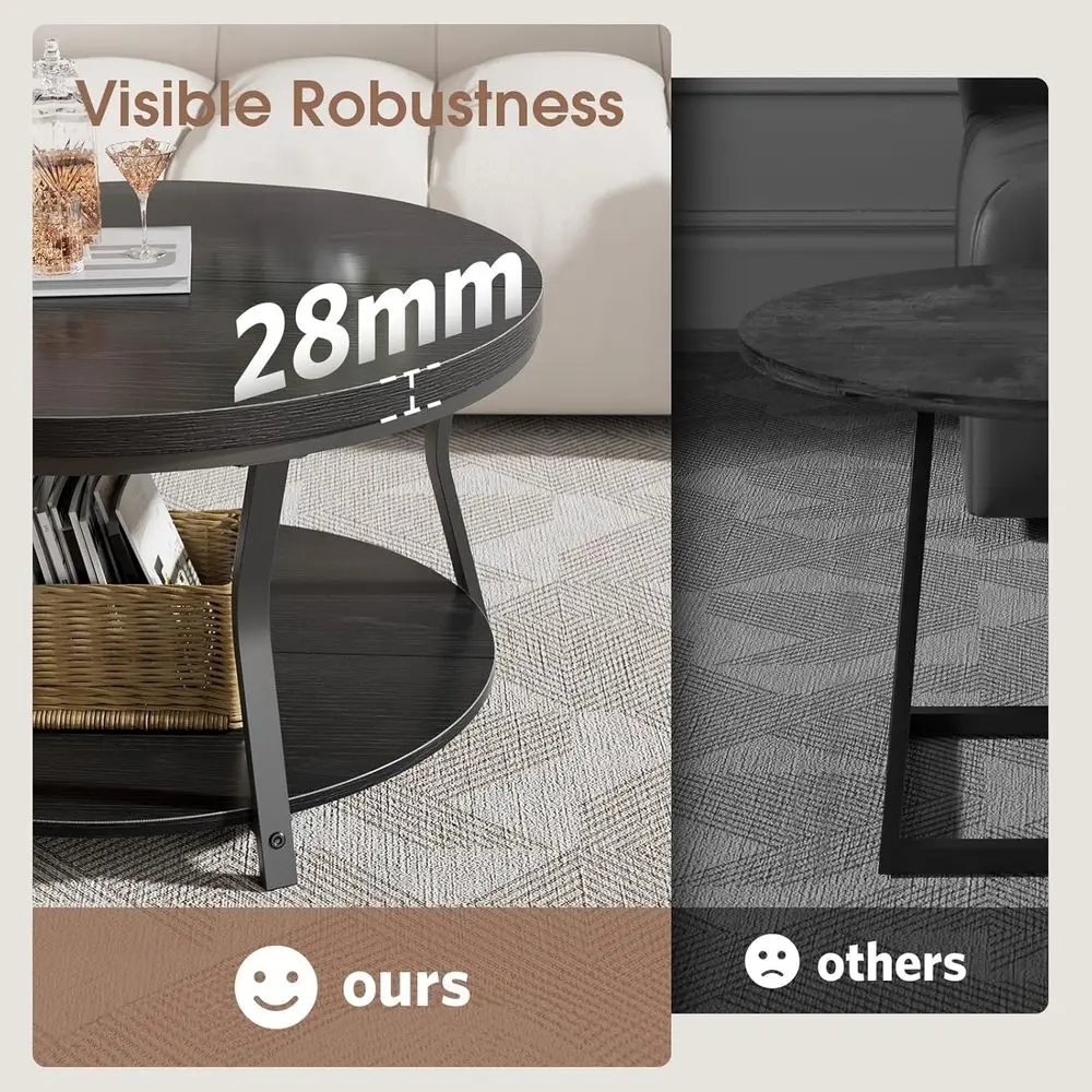 طاولة قهوة صناعية حديثة مكونة من طبقتين، إطار معدني أسود 31.5 مع سطح خشبي سميك لغرفة المعيشة