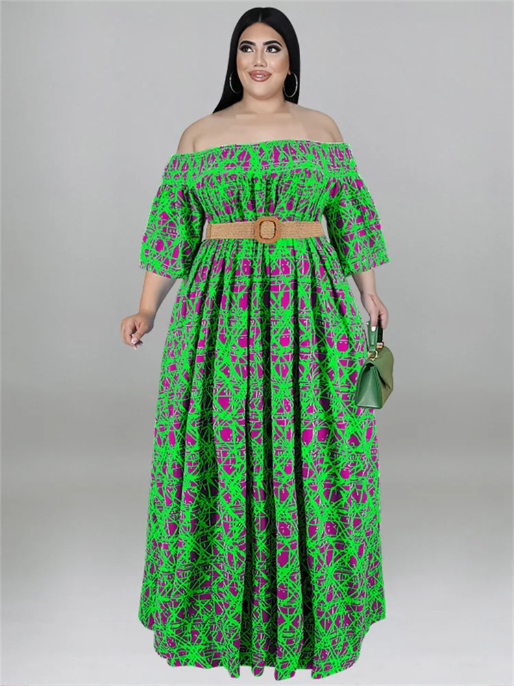 Wmstar Plus Size Dress Women 5xl Off Shoulder Flower Print Elastic Waist Party Pleated Maxi Dress Summer Wholesale Dropshipping