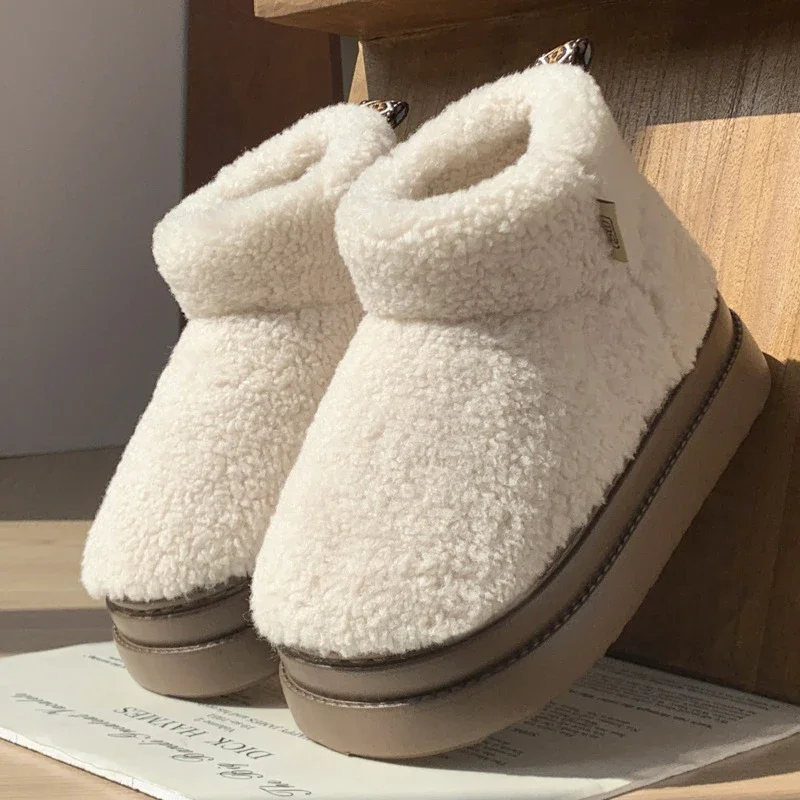 Winter Lambswool Platform Snow Boots Women Slip On Thick Sole Warm Cotton Padded Shoes Woman Anti Slip Thicken Plush Short Boots