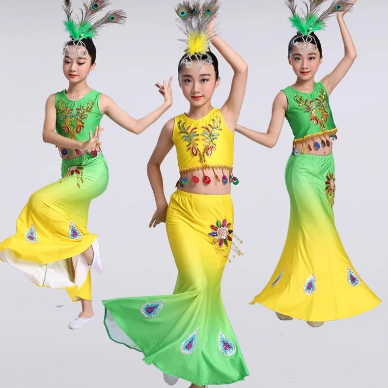 Chinese ethnic children's doubleshoulderDai dance dress Fishtail skirt Elastic peacockdance performance Girl's performance dress