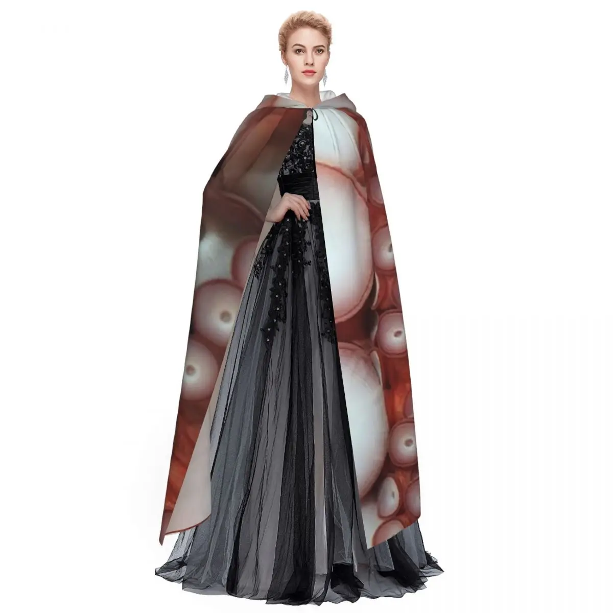 الأزرق والأبيض الأخطبوط مخالب الإطار طويل مقنعين عباءة الساحرة القرون الوسطى زي تأثيري كيب هالوين معطف الكبار للجنسين