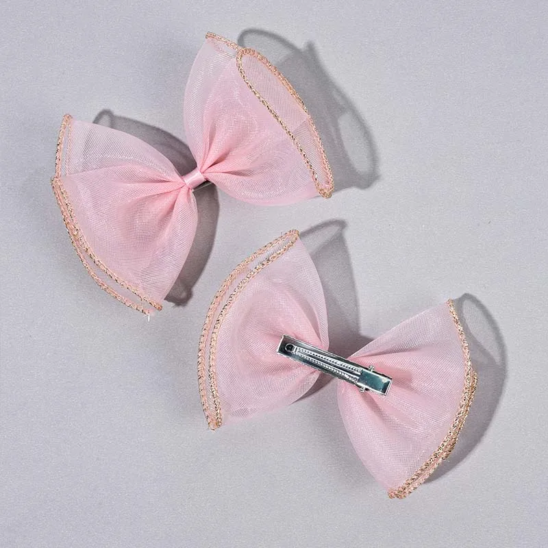 ncmama 2Pcs Sweet Girls Chiffon Hair Bow Clips Fashion Korea Hair Accessories Kids Bowknote Headwear Glitter Barrettes Hairgrips