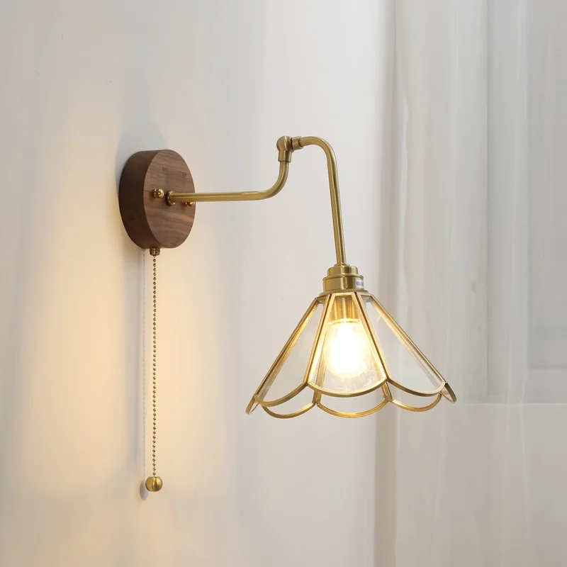 Imagem -05 - Iwhd-green Glass Copper Led Lâmpada de Parede Sconce Puxe Chain Switch Walnut Wood Base Quarto Jantar Sala Wandlamp