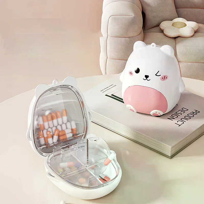 لطيف الكرتون الدب طبقة مزدوجة مقصورة المحمولة البلاستيك حبة مربع الأزياء الطب التخزين المنظم