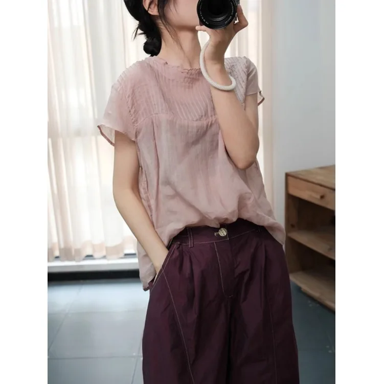 Summer New Style  Split Front Back Wear Loose Large Size Age Reduction Short Sleeve Shirt Bamboo Charcoal Fiber Ladies S...