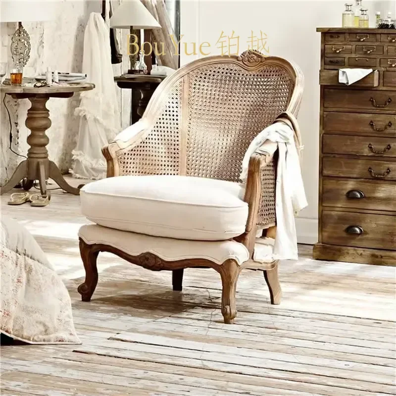 French Oak Solid Wood Rattan Single Sofa Armchair for Living Room Coffee Shop Clothing Store Hotel Lounge Chair