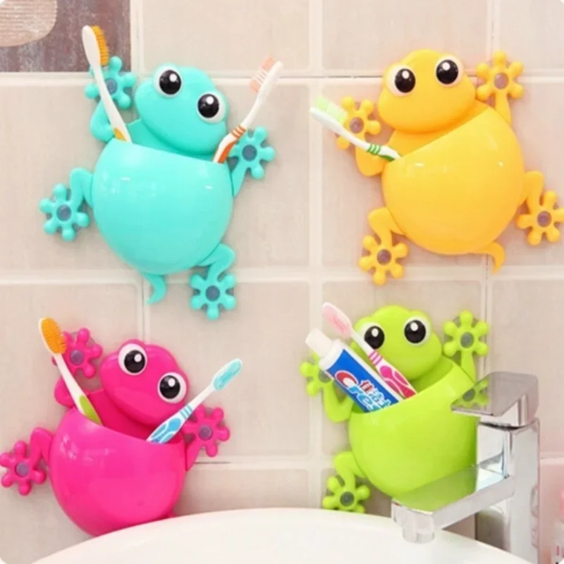 Animal Frog Toothbrush Holder Family Set Wall Bathroom Hanger Suction Wall Mount Suction Cup Toothpaste Storage Rack For Child