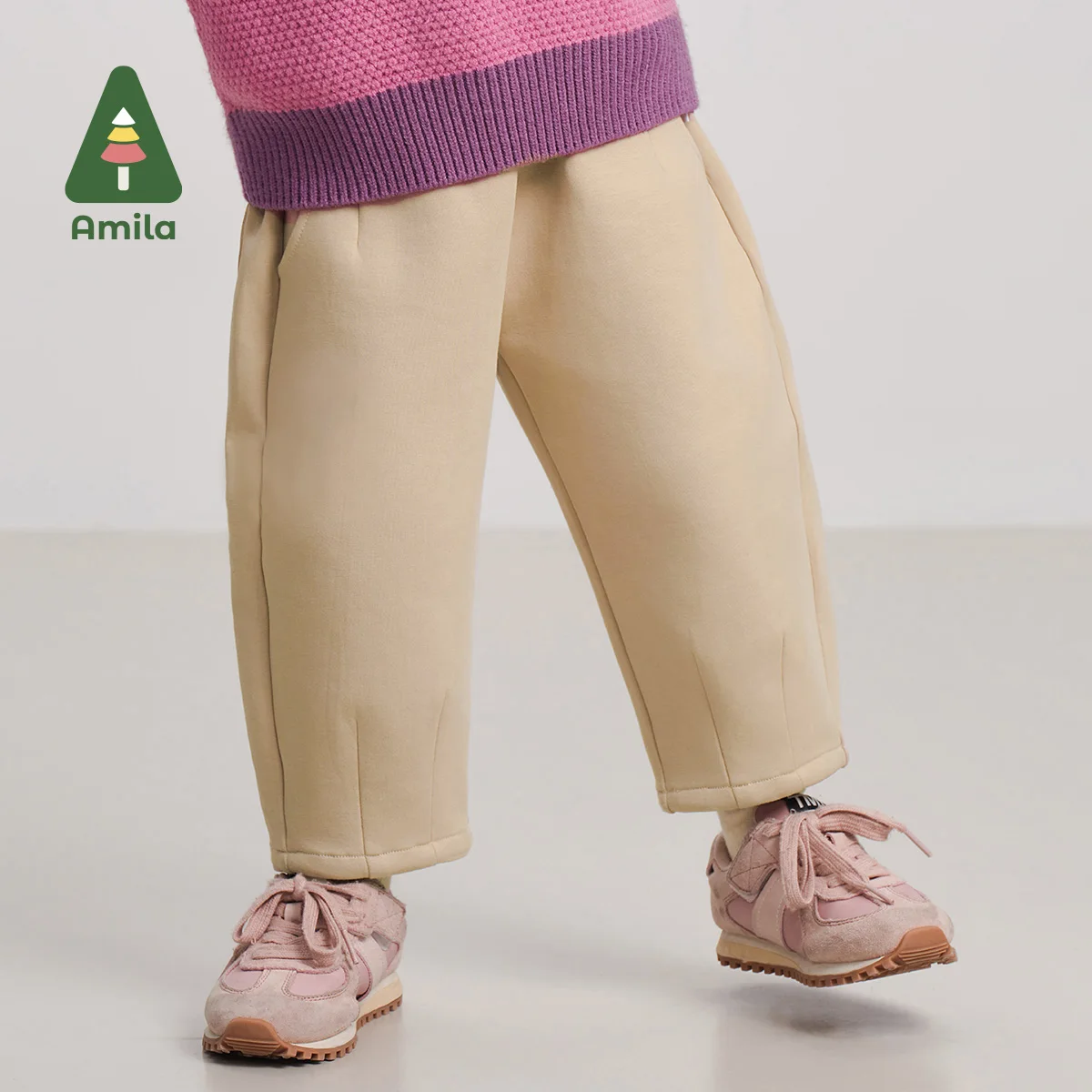 Amila Baby Casual Pants 2024 Winter New Girls Solid Color Printing Warm Soft Loose comfortable Casual Children‘s Trousers