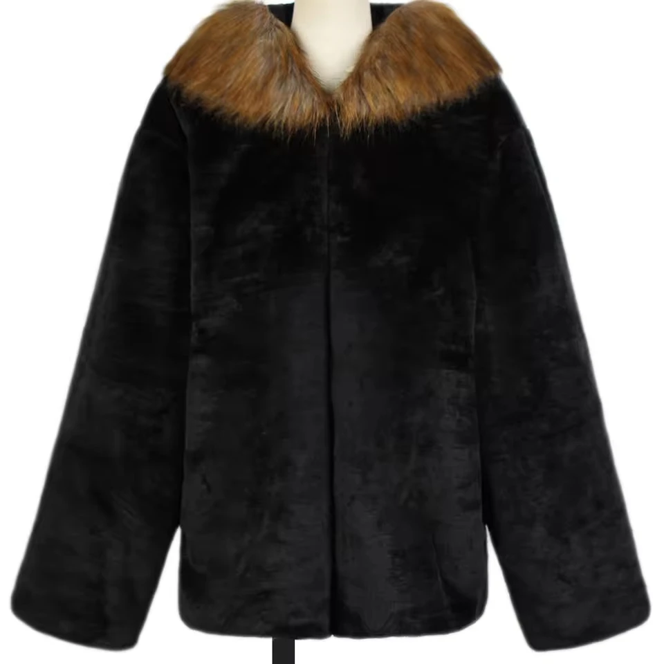 2025 Europe and America New Fashion Men's Black Casual Trendy Simple Basic Loose Long Sleeve Hooded Faux Fur Coats Male Clothes